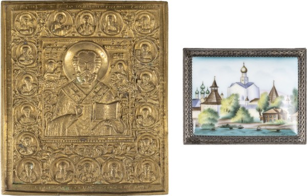 Picture BRONZE-IKONE MIT DEM HEILIGEN NIKOLAUS VON MYRA SOWIE FINIFT MIT DEM ANSICHT VON ROSTOWER KREML