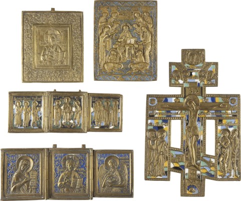 Picture SAMMLUNG VON FÜNF BRONZE-IKONEN: KRUZIFIX, DEESIS SOWIE CHRISTUS PANTOKRATOR