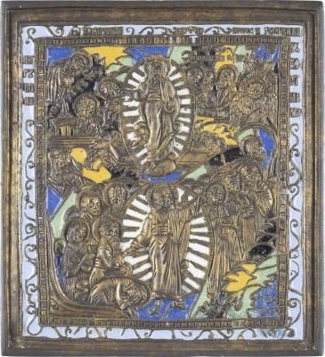 Auktion 151<br>SIGNIERTE BRONZE-IKONE MIT AUFERSTEHUNG UND HÖLLENFAHRT CHRISTI