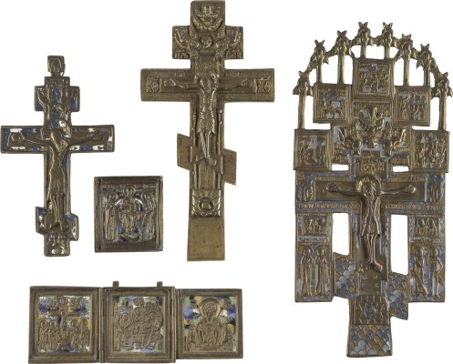 Picture SAMMLUNG VON FÜNF BRONZE-IKONEN: KRUZIFIXE, DEESIS SOWIE EIN TRIPTYCHON