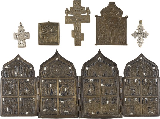Picture SAMMLUNG VON ZWEI KOPTISCHEN KREUZEN UND VIER BRONZE-IKONEN: KRUZIFIX, GOTTESMUTTER 'FREUDE ALLER LEIDENDEN', HEILIGER NIKOLAUS VON MYRA SOWIE FESTTAGE