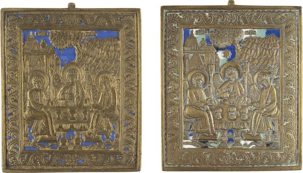 Auktion 151<br>ZWEI BRONZE-IKONEN MIT DER ALTTESTAMENTLICHEN DREIFALTIGKEIT: DARUNTER EINE SIGNIERTE IKONE