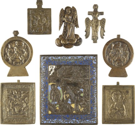 Picture SAMMLUNG VON ACHT BRONZE-IKONEN: DREIFALTIGKEIT, ERZENGEL, CHRISTUS, DAS GÜTIGE SCHWEIEGEN SOWIE PROPHET ELIAS