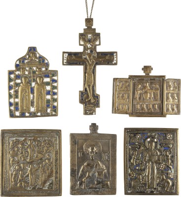 Auction 151<br>SAMMLUNG VON SECHS BRONZE-IKONEN: DARSTELLUNGEN CHRISTI SOWIE HEILIGE BLASIUS UND AFANASIUS