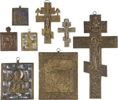 Picture SAMMLUNG VON ACHT BRONZE-IKONEN: KRUZIFIXE, GOTTESMUTTER VON SMOLENSK (SMOLENSKAJA) SOWIE AUSGEWÄHLTE HEILIGE