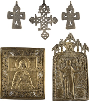 Picture SAMMLUNG VON FÜNF OBJEKTEN: KOPTISCHE KREUZE SOWIE IKONEN MIT DEM HEILIGEN NIFONT UND DEM HEILIGEN NIKOLAUS VON MOSCHAISK