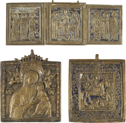 Bild SAMMLUNG VON DREI BRONZE-IKONEN: GOTTESMUTTER DER PASSION, HEILIGER GEORG, DER DRACHENTÖTER SOWIE EIN TRIPTYCHON MIT DEESIS