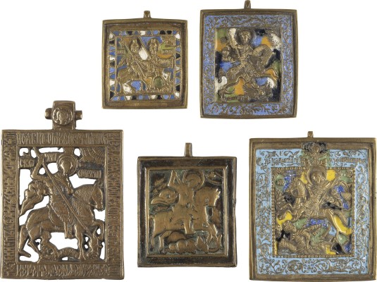 Bild SAMMLUNG VON FÜNF BRONZE-IKONEN MIT DEN KRIEGERHEILIGEN GEORG DEM DRACHENTÖTER, DEMETRIUS SOWIE BORIS UND GLEB