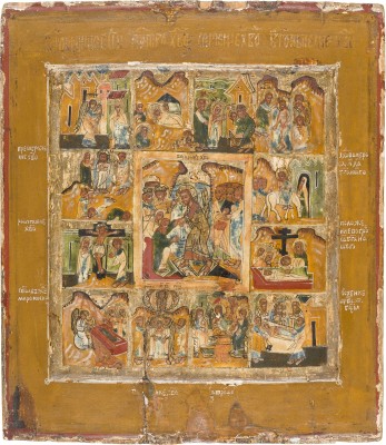 Picture SELTENE IKONE MIT DER HÖLLENFAHRT CHRISTI MIT ZWÖLF HOCHFESTEN DES ORTHODOXEN KIRCHENJAHRES