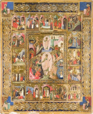 Picture GROSSFORMATIGE IKONE MIT DER HÖLLENFAHRT UND AUFERSTEHUNG CHRISTI MIT 16 HOCHFESTEN UND DEN VIER EVANGELISTEN