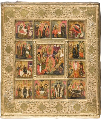 Picture IKONE MIT DER AUFERSTEHUNG UND HÖLLENFAHRT MIT ZWÖLF HOCHFESTEN DES ORTHODOXEN KIRCHENJAHRES MIT BASMA