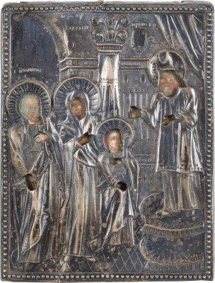 Auction 151<br>KLEINE IKONE MIT DEM TEMPELGANG DER GOTTESMUTTER MIT SILBER-OKLAD
