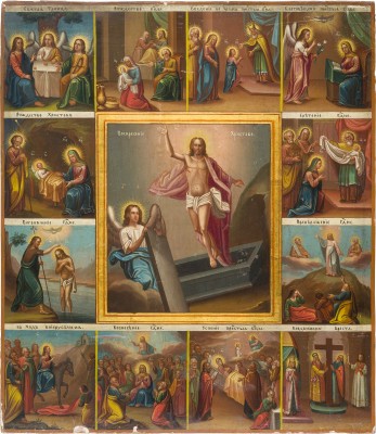 Picture GROSSFORMATIGE IKONE MIT DER AUFERSTEHUNG CHRISTI UND ZWÖLF HOCHFESTEN DES ORTHODOXEN KIRCHENJAHRES