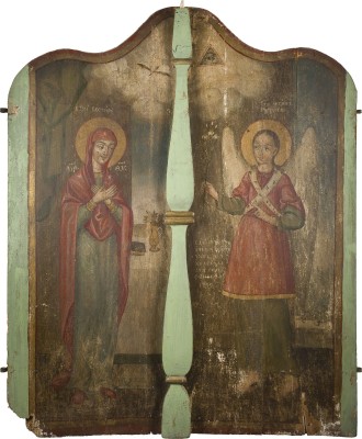 Auction 151<br>MONUMENTALE DATIERTE KÖNIGSTÜREN EINER KIRCHEN-IKONOSTASE MIT DER VERKÜNDIGUNG