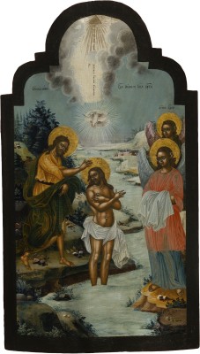 Auction 151<br>SEHR FEINE UND MONUMENTALE IKONE MIT DER TAUFE CHRISTI AUS EINER KIRCHEN-IKONOSTASE