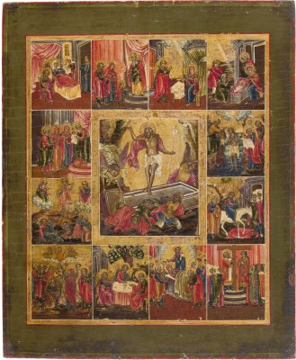 Bild IKONE MIT DER AUFERSTEHUNG CHRISTI UND ZWÖLF HOCHFESTEN DES ORTHODOXEN KIRCHENJAHRES