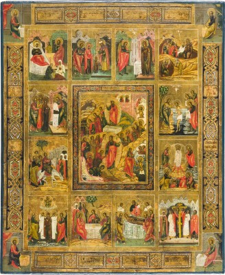 Bild GROSSFORMATIGE IKONE MIT DER AUFERSTEHUNG UND HÖLLENFAHRT CHRISTI MIT ZWÖLF HOCHFESTEN DES ORTHODOXEN KIRCHENJAHRES