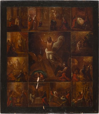 Auction 151<br>GROSSFORMATIGE IKONE MIT DER AUFERSTEHUNG CHRISTI UND ZWÖLF HOCHFESTEN