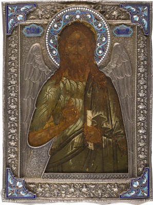 Auction 151<br>BEDEUTENDE IKONE MIT JOHANNES DEM VORLÄUFER ALS ENGEL DER WÜSTE MIT CLOISONNÉ-EMAIL-RIZA