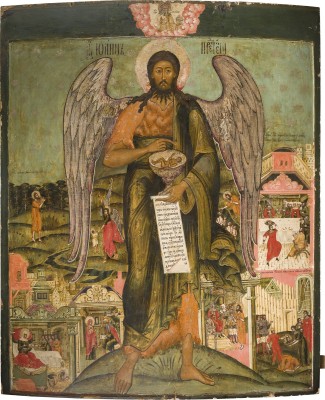 Auction 151<br>SEHR FEINE UND MONUMENTALE IKONE MIT DEM HEILIGEN JOHANNES DEM VORLÄUFER MIT SZENEN SEINER VITA AUS EINER KIRCHEN-IKONOSTASE
