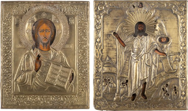 Auction 151<br>ZWEI IKONEN MIT OKLAD: CHRISTUS PANTOKRATOR UND HEILIGER JOHANNES DER VORLÄUFER