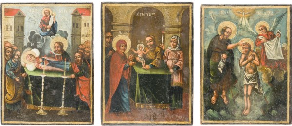 Auktion 151<br>DREI KLEINE IKONEN MIT DER DARBRINGUNG IM TEMPEL, DER TAUFE CHRISTI UND DEM ENTSCHLAFEN DER GOTTESMUTTER