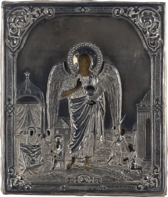 Auction 151<br>FEINE IKONE MIT JOHANNES DEM VORLÄUFER MIT VITA-SZENEN UND SILBER-OKLAD