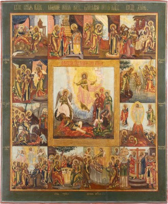 Auktion 151<br>GROSSFORMATIGE UND SEHR FEINE IKONE MIT DER AUFERSTEHUNG CHRISTI UND ZWÖLF HOCHFESTEN DES ORTHODOXEN KIRCHENJAHRES
