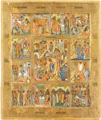 Bild GROSSFORMATIGE UND FEINE IKONE MIT DER HÖLLENFAHRT UND AUFERSTEHUNG SOWIE ZWÖLF HOCHFESTEN DES ORTHODOXEN KIRCHENJAHRES