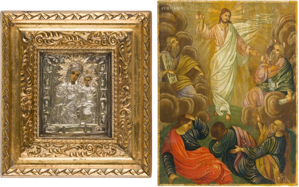 Auction 151<br>ZWEI KLEINE IKONEN: GOTTESMUTTER HODEGETRIA MIT OKLAD UND VERKLÄRUNG CHRISTI