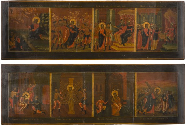 Auction 151<br>ZWEI GROSSFORMATIGE IKONEN MIT ACHT SZENEN AUS DER PASSION CHRISTI