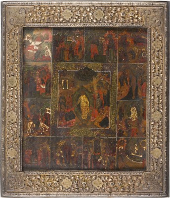 Auktion 151<br>IKONE MIT DER HÖLLENFAHRT CHRISTI UND DER ALTTESTAMENTLICHEN DREIFALTIGKEIT MIT ZWÖLF HOCHFESTEN MIT VERMEIL-BASMA