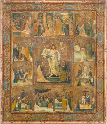 Bild IKONE MIT DER AUFERSTEHUNG CHRISTI UND ZWÖLF HOCHFESTEN