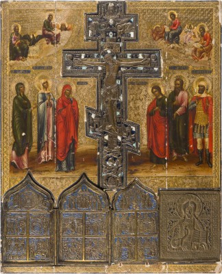 Auction 151<br>GROSSFORMATIGE DATIERTE STAUROTHEK MIT DER KREUZIGUNG CHRISTI UND DEN EVANGELISTEN