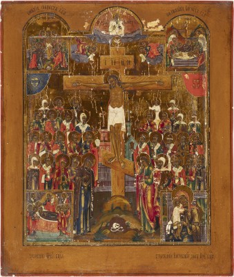 Picture GROSSE IKONE MIT DER KREUZIGUNG, DER KREUZABNAHME UND DER GRABLEGUNG CHRISTI MIT DEM ENTSCHLAFEN DER GOTTESMUTTER UND DER GOTTESMUTTER 'AUFFINDEN DER VERLORENEN'