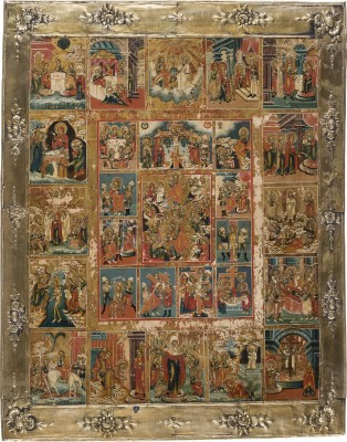 Auction 151<br>GROSSFORMATIGE IKONE MIT DER AUFERSTEHUNG UND HÖLLENFAHRT, DER PASSION CHRISTI UND 16 HOCHFESTEN MIT VERMEIL-BASMA