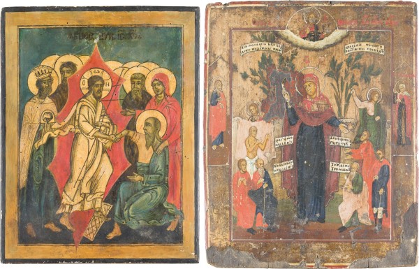 Auction 151<br>ZWEI IKONEN: HÖLLENFAHRT CHRISTI MIT DER BEFREIUNG DER VORVÄTER UND GOTTESMUTTER 'FREUDE ALLER LEIDENDEN'