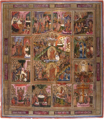 Picture GROSSFORMATIGE IKONE MIT DER HÖLLENFAHRT UND AUFERSTEHUNG CHRISTI MIT ZWÖLF HOCHFESTEN