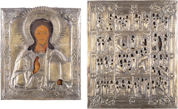 Auktion 151<br>ZWEI GROSSE IKONEN MIT OKLAD: CHRISTUS PANTOKRATOR UND FESTTAGSIKONE