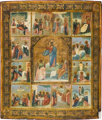 Picture IKONE MIT DER AUFERSTEHUNG CHRISTI MIT ZWÖLF HOCHFESTEN DES ORTHODOXEN KIRCHENJAHRES