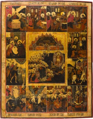 Picture MONUMENTALE IKONE MIT DER AUFERSTEHUNG UND HÖLLENFAHRT CHRISTI MIT ZWÖLF HOCHFESTEN DES ORTHODOXEN KIRCHENJAHRES