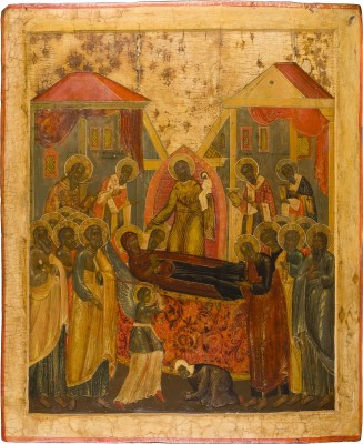 Auktion 151<br>MONUMENTALE IKONE MIT DEM ENTSCHLAFEN DER GOTTESMUTTER (KOIMESIS) AUS EINER KIRCHEN-IKONOSTASE