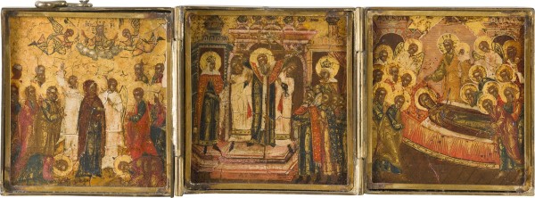 Bild KLEINES TRIPTYCHON MIT DER HIMMELFAHRT, DER ERHÖHUNG DES WAHREN KREUZES UND DEM ENTSCHLAFEN DER GOTTESMUTTER