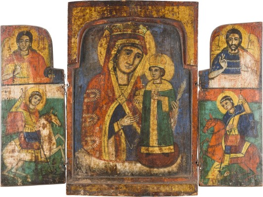 Bild TRIPTYCHON MIT DER GOTTESMUTTER 'NICHT VERWELKENDE BLUME', DEM ERZENGEL MICHAEL, JOHANNES DEM VORLÄUFER UND ZWEI REITERHEILIGEN