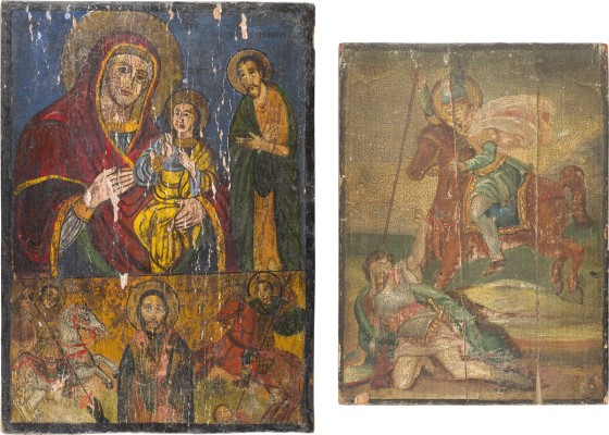 Auktion 151<br>ZWEI IKONEN: HEILIGER DEMETRIOS UND ZWEIFELDER-IKONE MIT DER GOTTESMUTTER UND HEILIGEN