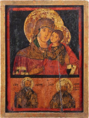 Bild ZWEIFELDER-IKONE MIT DER GOTTESMUTTER UND DEN HEILIGEN NIKOLAUS VON MYRA UND JOHANNES CHRYSOSTOMUS