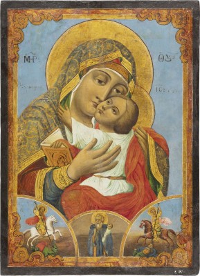 Picture GROSSFORMATIGE IKONE MIT DER GOTTESMUTTER 'GLYKOPHILOUSA', DEN HEILIGEN GEORG, STYLIANOS UND DEMETRIOS