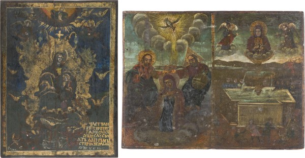 Auktion 151<br>ZWEI IKONEN MIT DER KRÖNUNG DER GOTTESMUTTER UND DER GOTTESMUTTER 'LEBENSSPENDENDER QUELL' SOWIE DATIERTE IKONE MIT DER THRONENDEN GOTTESMUTTER