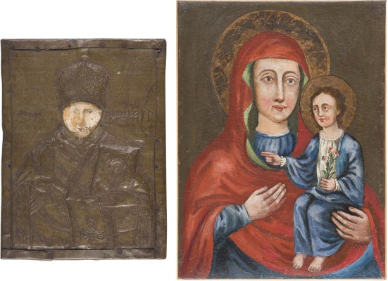 Auktion 151<br>GOTTESMUTTER HODEGETRIA UND HEILIGER NIKOLAUS VON MYRA MIT OKLAD