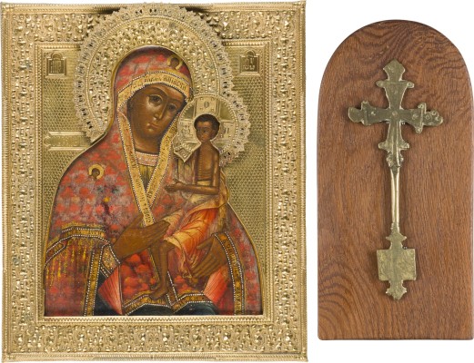 Auction 151<br>IKONE MIT DER GOTTESMUTTER VON ARABIEN (ARAPSKAJA) MIT RIZA UND KOPTISCHES HANDKREUZ